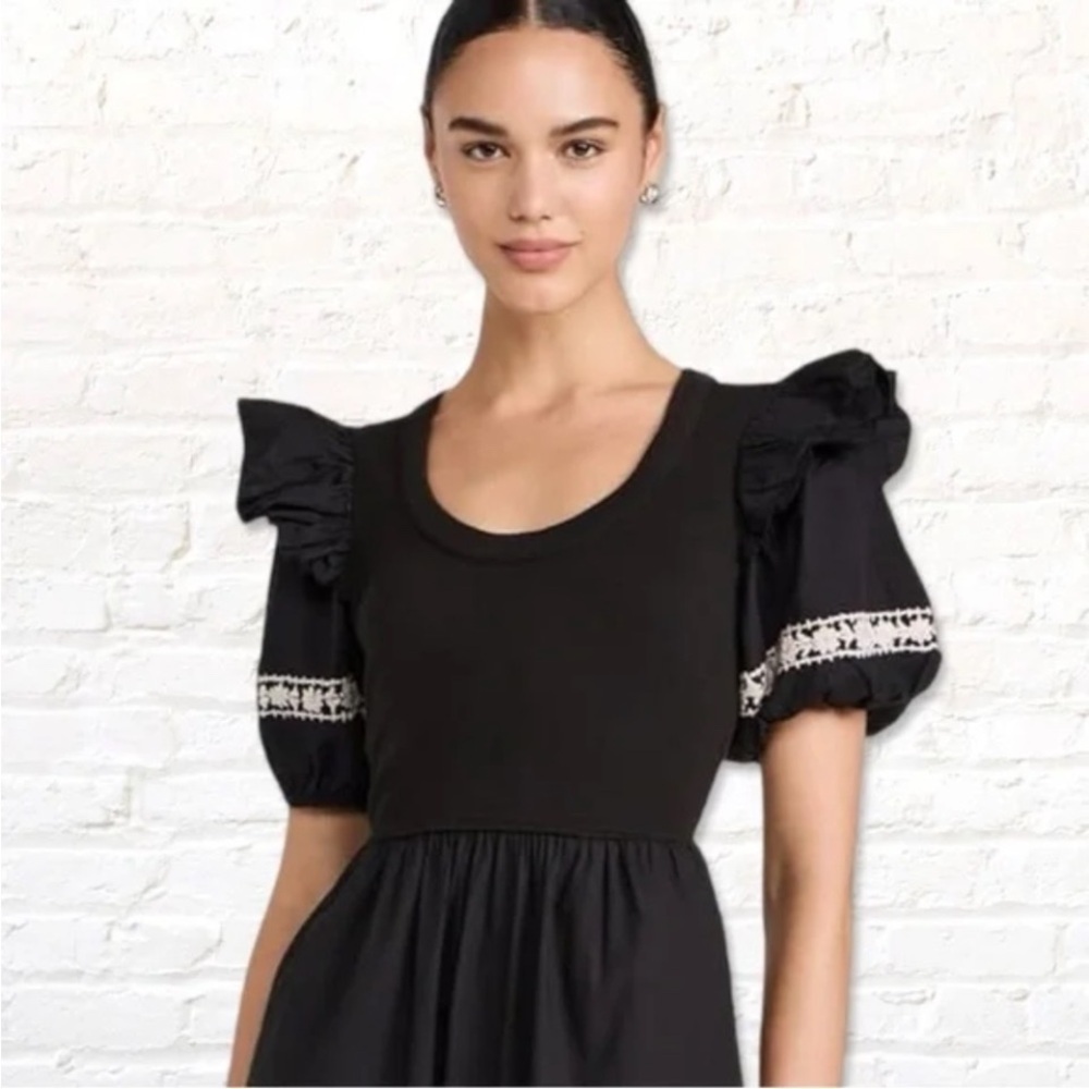 Cleobella Selma Black Midi Dress Puff Sleeve Embroidered Boho Cotton Size S - Picture 4 of 13